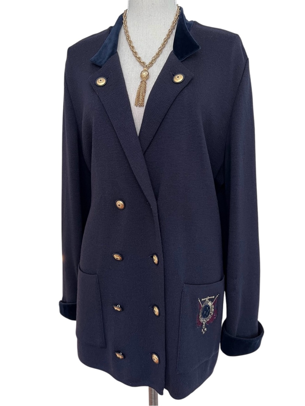 Horst Basler Navy Pure New Wool Knit With Velvet Trim Crest Sweater Jacket XL/1X